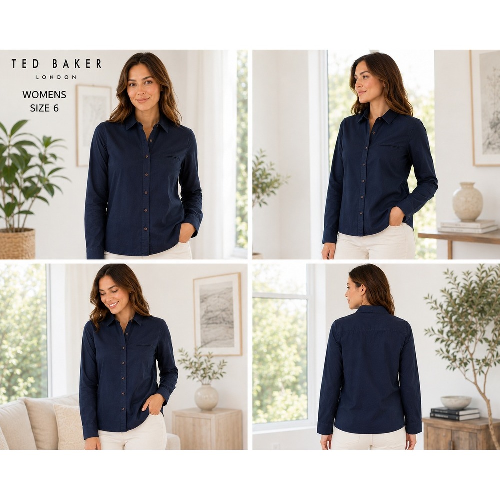 Ted Baker London Womens Size 6 Navy Button Up Shirt Long Sleeve Cotton #1805